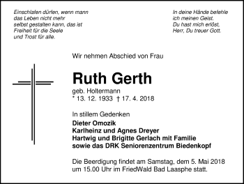 Traueranzeige von Ruth Gerth von Hinterländer Anzeiger