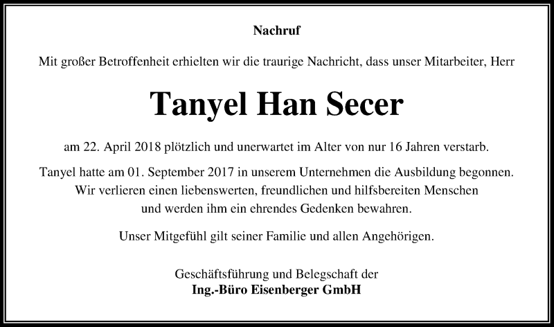  Traueranzeige für Tanyel Han Secer vom 05.05.2018 aus Dill-Block