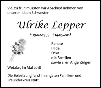 Traueranzeige von Ulrike Lepper von Wetzlarer Neue Zeitung