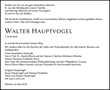 Traueranzeige von Walter Hauptvogel von Wetzlarer Neue Zeitung