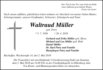 Traueranzeige von Waltraud Müller von Dill-Block