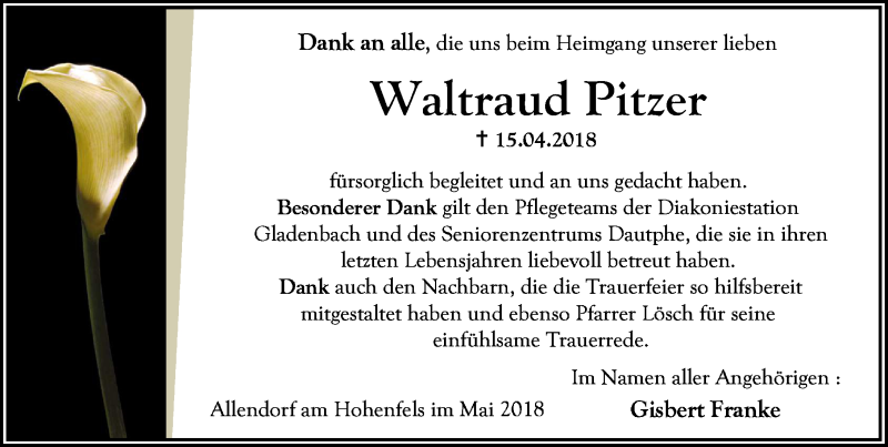 Traueranzeige für Waltraud Pitzer vom 12.05.2018 aus Hinterländer Anzeiger