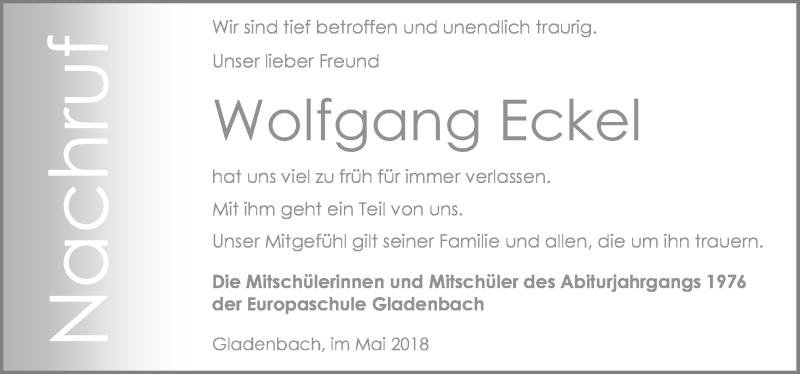  Traueranzeige für Wolfgang Eckel vom 22.05.2018 aus Hinterländer Anzeiger