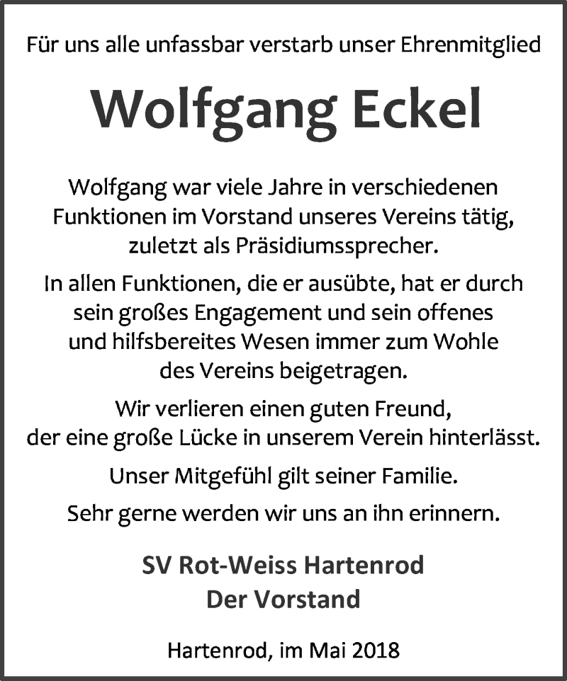 Traueranzeige für Wolfgang Eckel vom 19.05.2018 aus Hinterländer Anzeiger