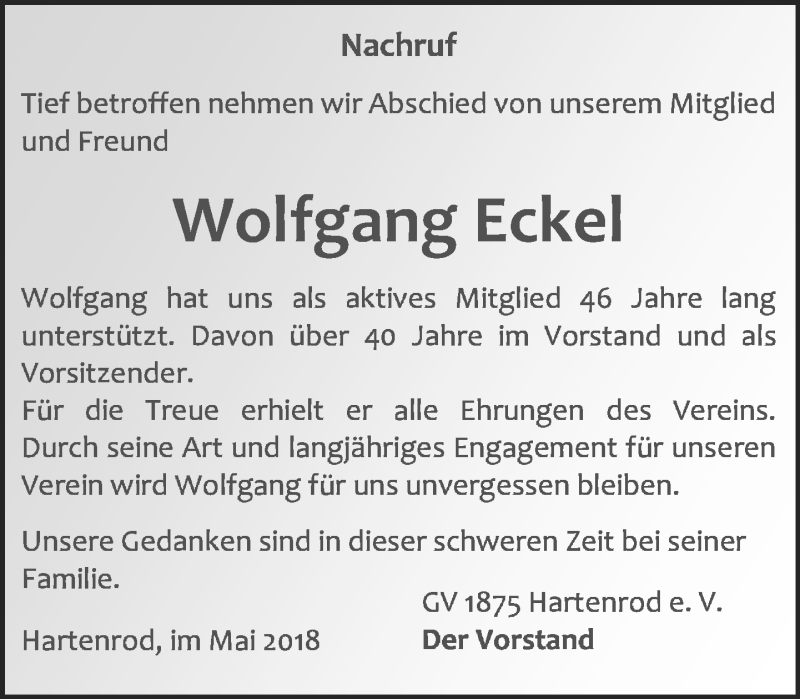  Traueranzeige für Wolfgang Eckel vom 19.05.2018 aus Hinterländer Anzeiger