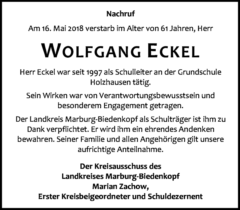 Traueranzeige für Wolfgang Eckel vom 22.05.2018 aus Hinterländer Anzeiger