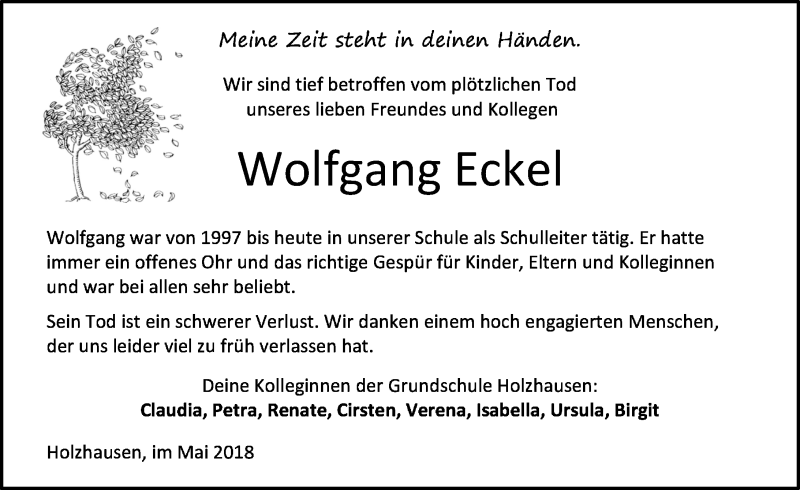  Traueranzeige für Wolfgang Eckel vom 18.05.2018 aus Hinterländer Anzeiger