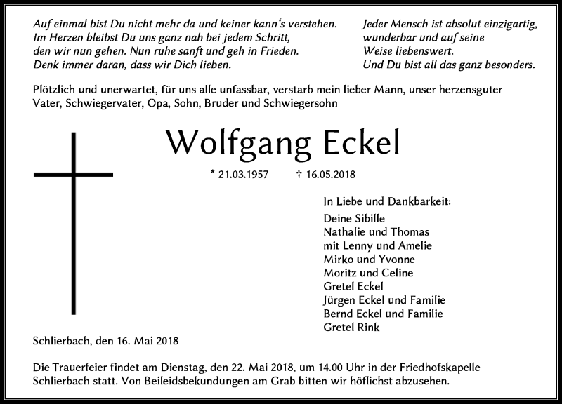  Traueranzeige für Wolfgang Eckel vom 18.05.2018 aus Hinterländer Anzeiger