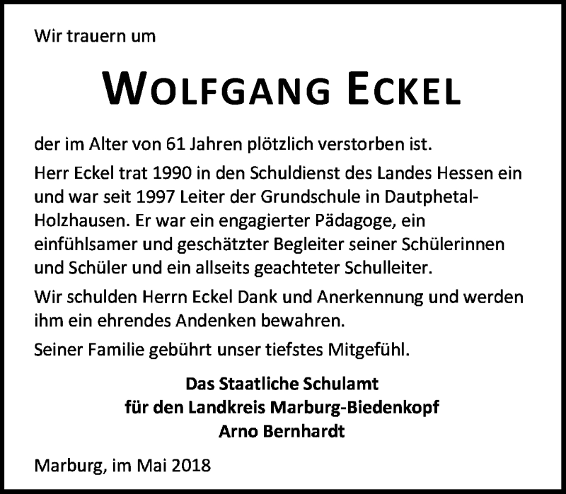  Traueranzeige für Wolfgang Eckel vom 24.05.2018 aus Hinterländer Anzeiger