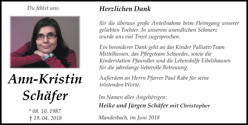  Traueranzeige für Ann-Kristin Schäfer vom 02.06.2018 aus Dill-Block