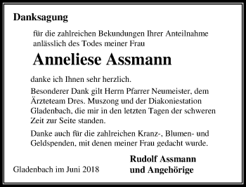 Traueranzeige von Anneliese Assmann von Hinterländer Anzeiger