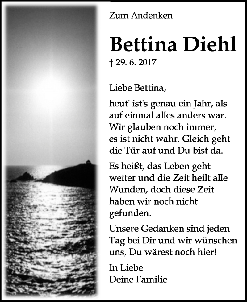  Traueranzeige für Bettina Diehl vom 29.06.2018 aus Wetzlarer Neue Zeitung