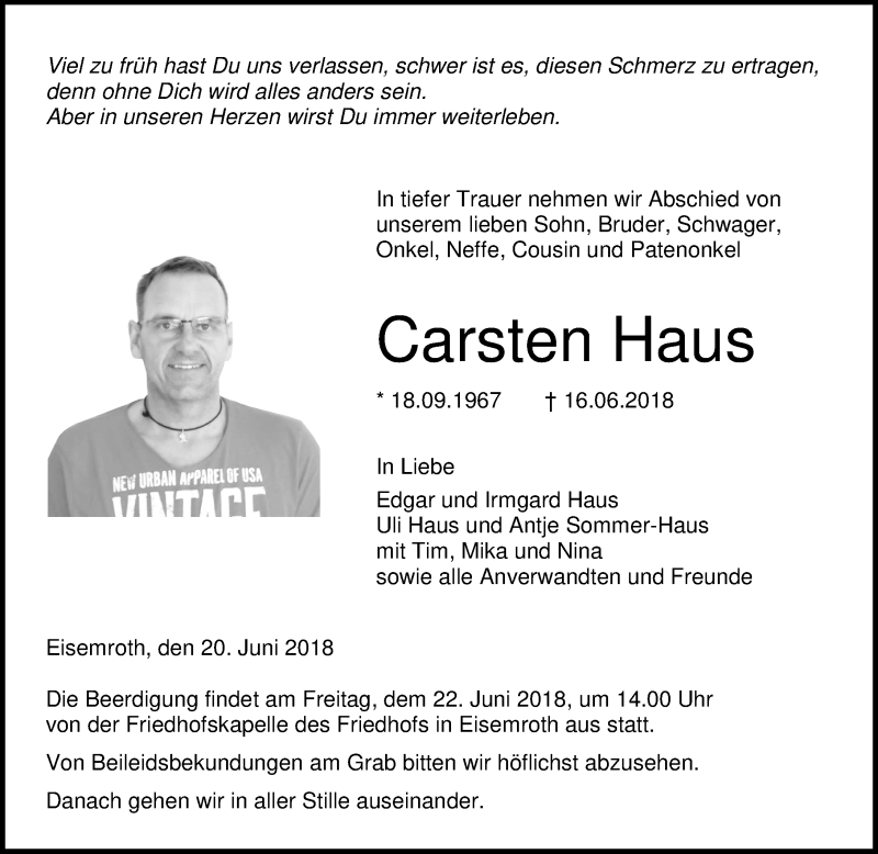 Traueranzeige für Carsten Haus vom 20.06.2018 aus Hinterländer Anzeiger