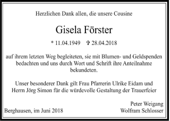 Traueranzeige von Gisela Förster von Wetzlarer Neue Zeitung