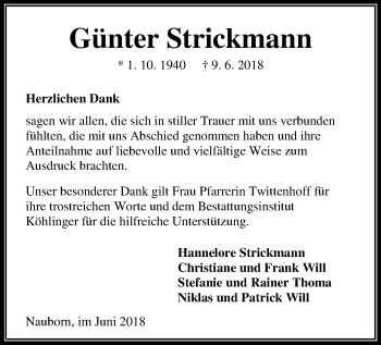Traueranzeige von Günter Strickmann von Wetzlarer Neue Zeitung