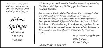 Traueranzeige von Helma Springer von Wetzlarer Neue Zeitung