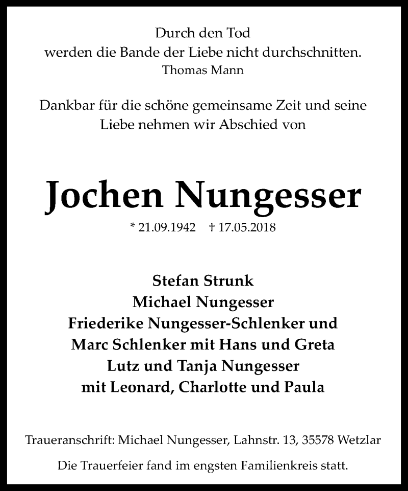  Traueranzeige für Jochen Nungesser vom 02.06.2018 aus Wetzlarer Neue Zeitung