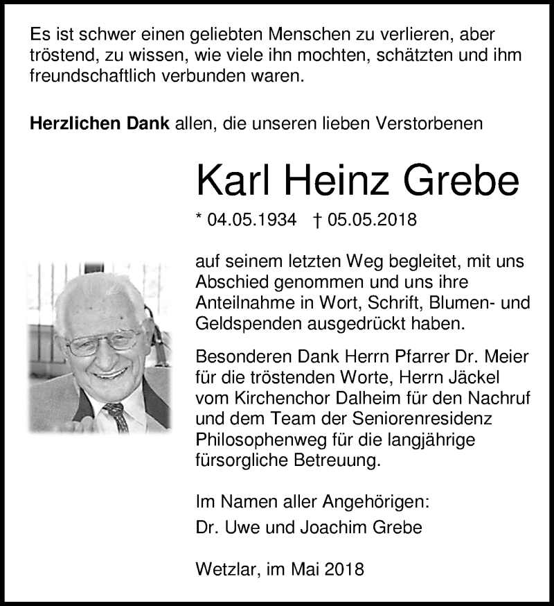  Traueranzeige für Karl Heinz Grebe vom 02.06.2018 aus Wetzlarer Neue Zeitung