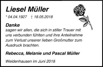 Traueranzeige von Liesel Müller von Hinterländer Anzeiger