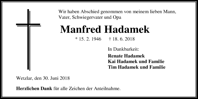  Traueranzeige für Manfred Hadamek vom 30.06.2018 aus Wetzlarer Neue Zeitung