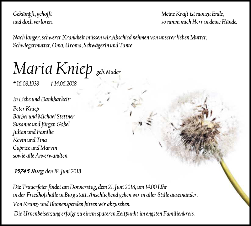  Traueranzeige für Maria Kniep vom 18.06.2018 aus Dill-Block