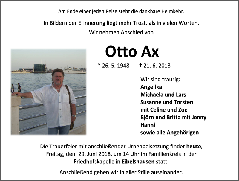  Traueranzeige für Otto Ax vom 29.06.2018 aus Dill-Block