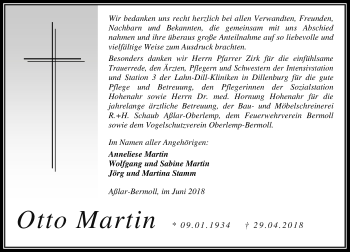 Traueranzeige von Otto Martin von Wetzlarer Neue Zeitung