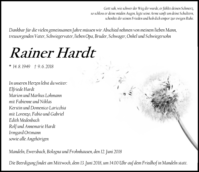  Traueranzeige für Rainer Hardt vom 12.06.2018 aus Dill-Block