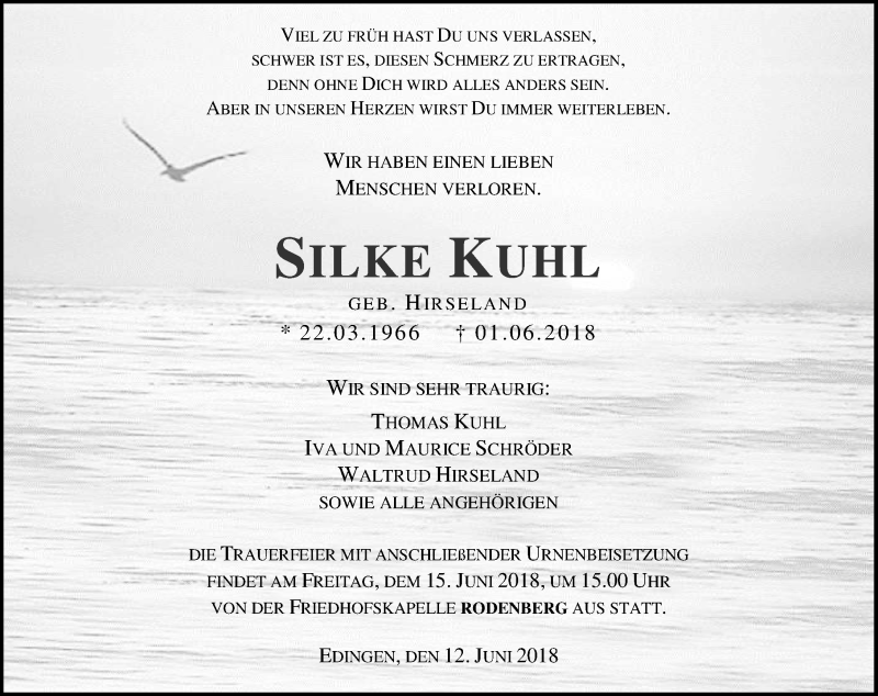  Traueranzeige für Silke Kuhl vom 12.06.2018 aus Dill-Block