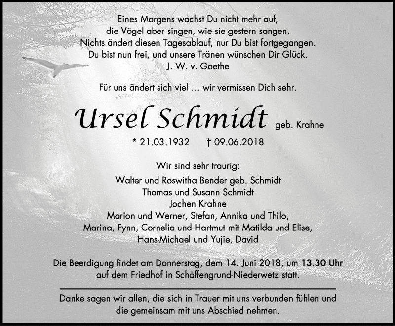  Traueranzeige für Ursel Schmidt vom 12.06.2018 aus Wetzlarer Neue Zeitung