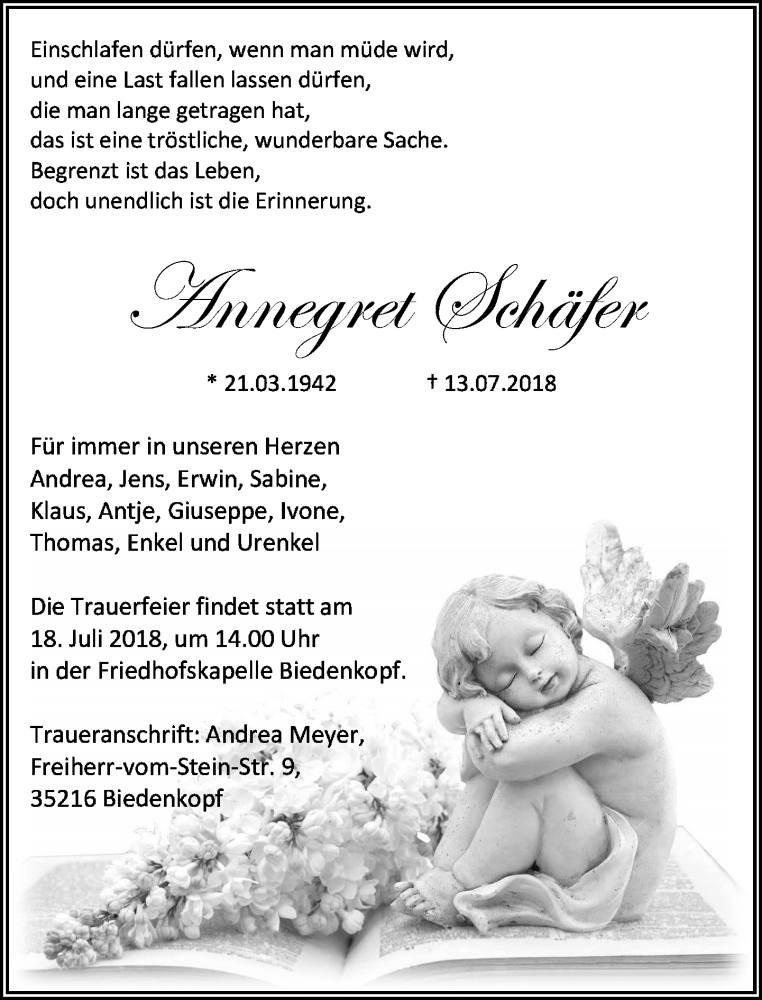 Traueranzeige für Annegret Schäfer vom 17.07.2018 aus Hinterländer Anzeiger