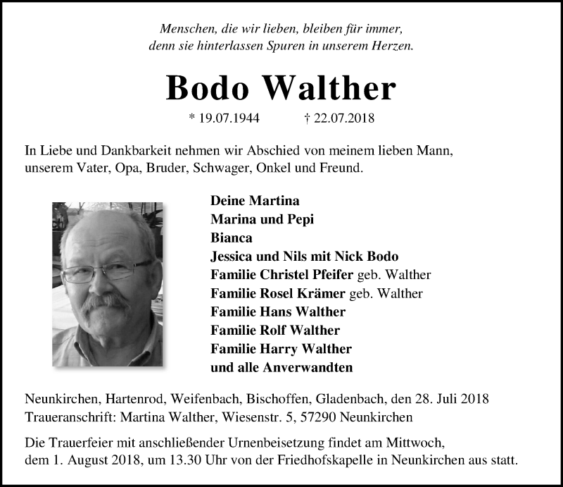  Traueranzeige für Bodo Walther vom 28.07.2018 aus Hinterländer Anzeiger