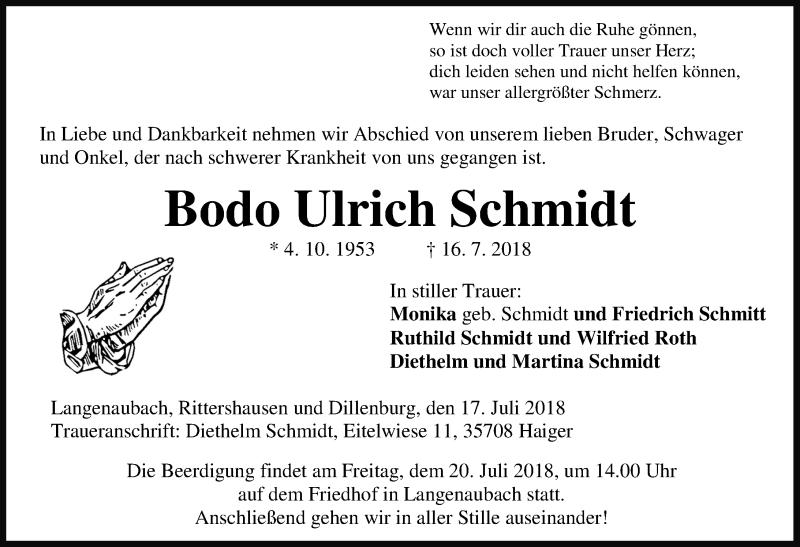  Traueranzeige für Bodo Ulrich Schmidt vom 17.07.2018 aus Dill-Block