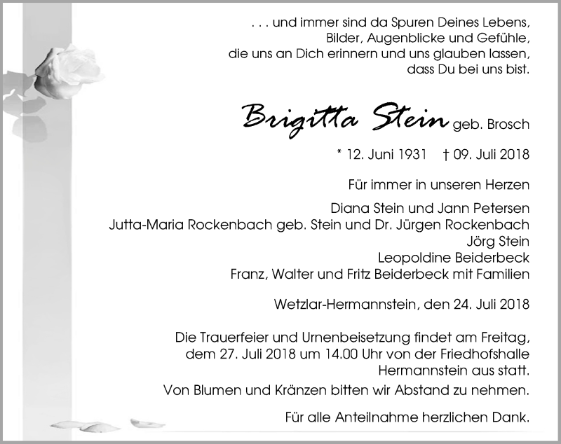  Traueranzeige für Brigitta Stein vom 24.07.2018 aus Wetzlarer Neue Zeitung
