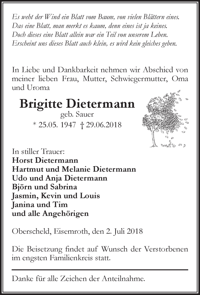  Traueranzeige für Brigitte Dietermann vom 02.07.2018 aus Dill-Block