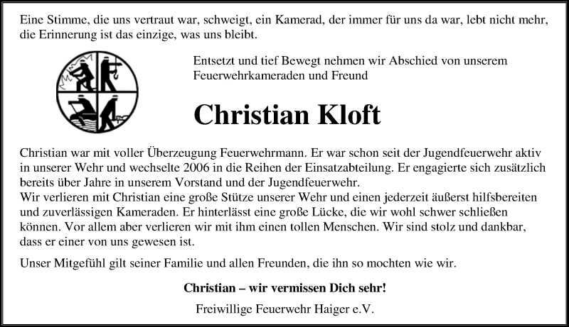  Traueranzeige für Christian Kloft vom 02.07.2018 aus Dill-Block