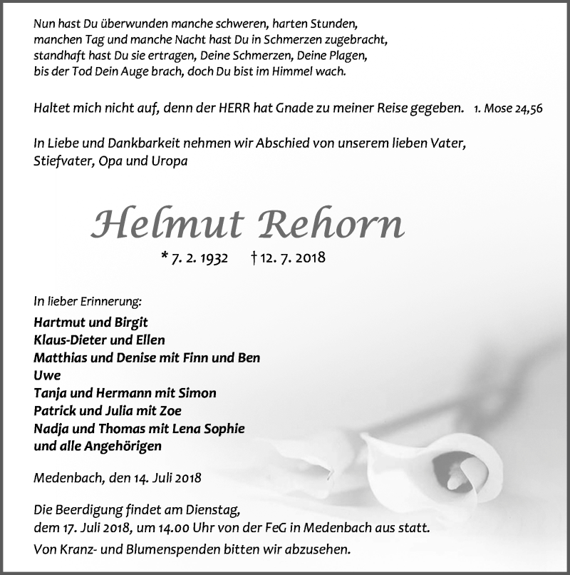  Traueranzeige für Helmut Rehorn vom 14.07.2018 aus Dill-Block
