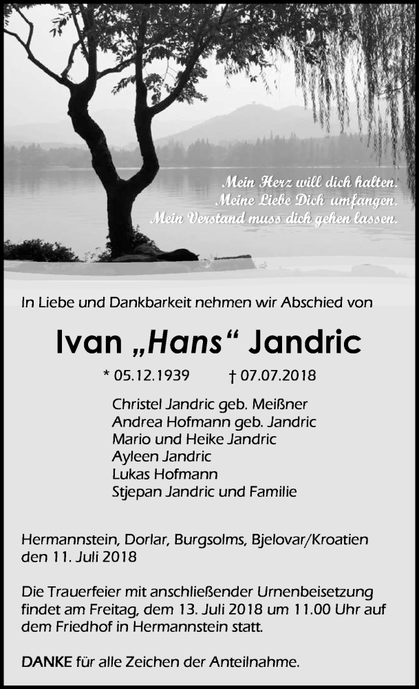  Traueranzeige für Ivan (Hans) Jandric vom 11.07.2018 aus Wetzlarer Neue Zeitung