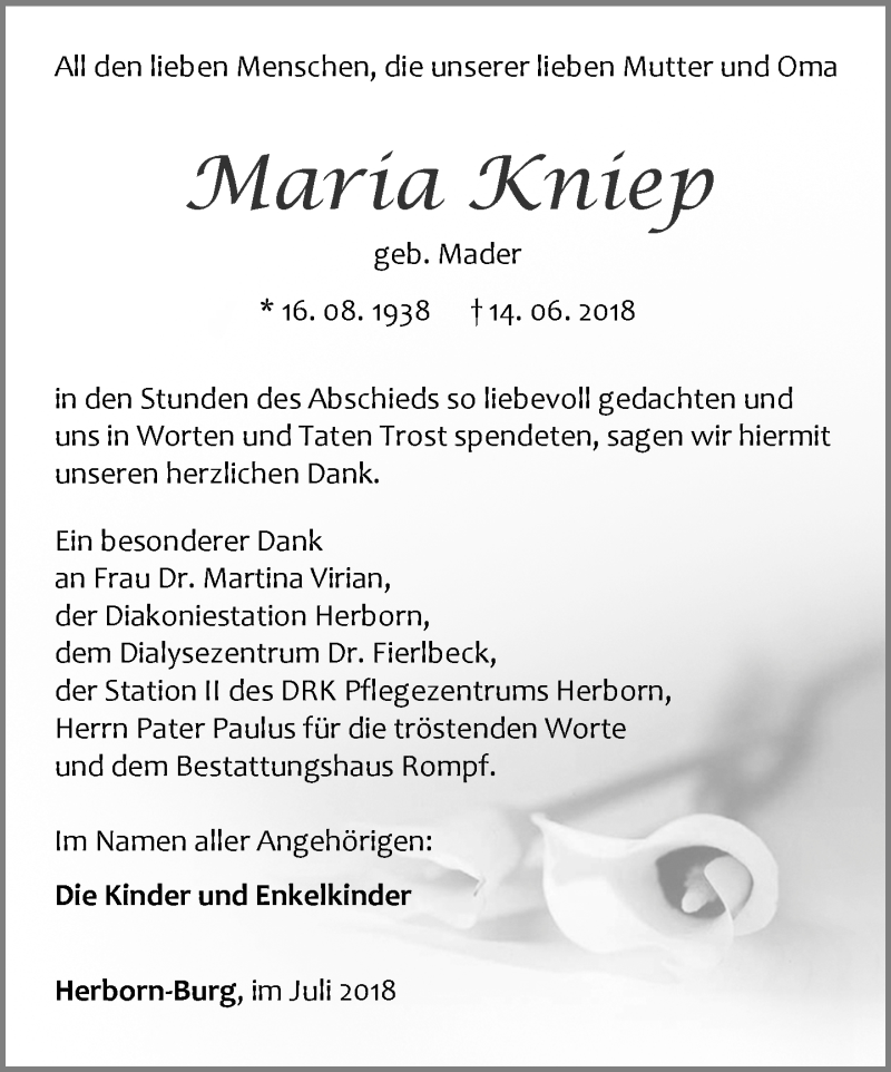 Traueranzeige für Maria Kniep vom 07.07.2018 aus Dill-Block