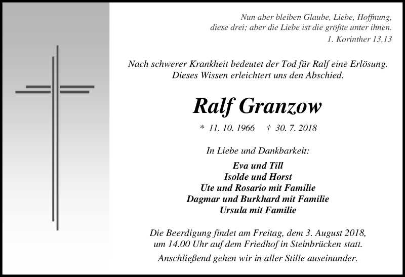  Traueranzeige für Ralf Granzow vom 01.08.2018 aus Dill-Block