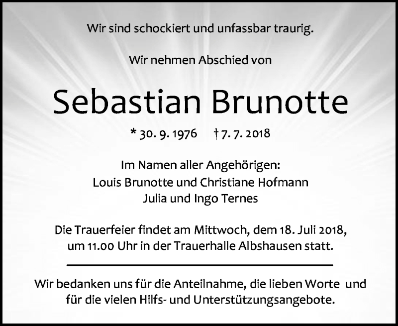  Traueranzeige für Sebastian Brunotte vom 14.07.2018 aus Wetzlarer Neue Zeitung
