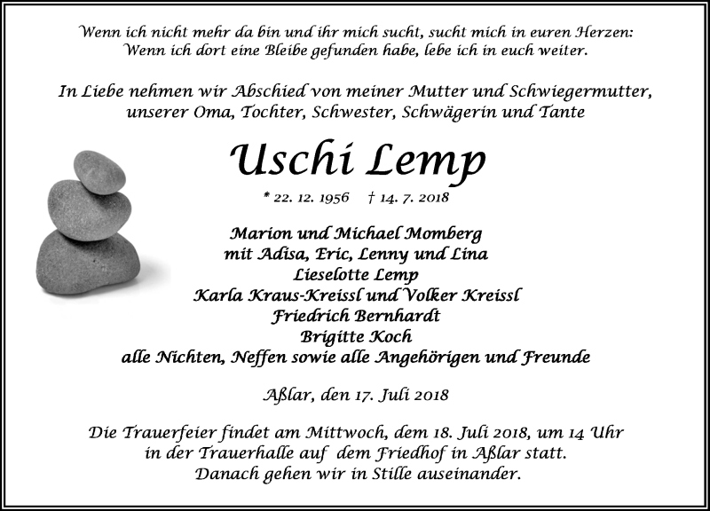  Traueranzeige für Ursula Lemp vom 17.07.2018 aus Wetzlarer Neue Zeitung