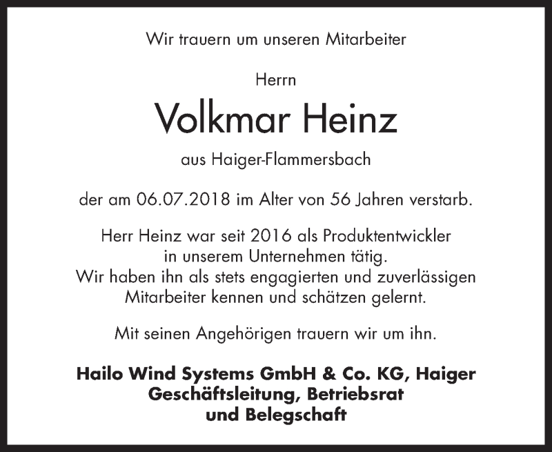  Traueranzeige für Volkmar Heinz vom 11.07.2018 aus Dill-Block