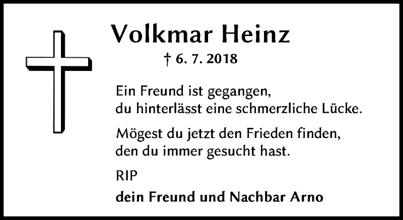  Traueranzeige für Volkmar Heinz vom 10.07.2018 aus Dill-Block