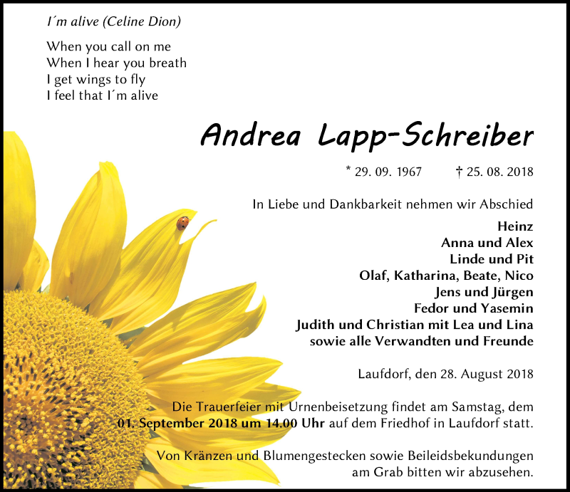  Traueranzeige für Andrea Lapp-Schreiber vom 29.08.2018 aus Wetzlarer Neue Zeitung