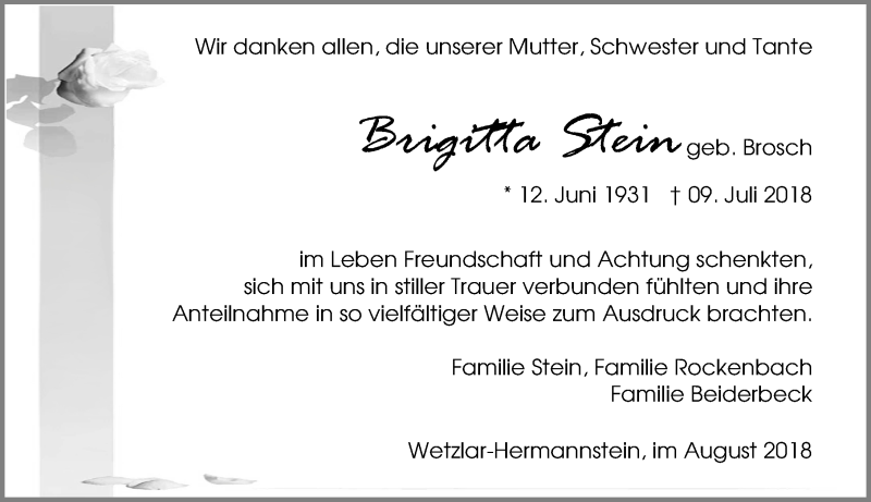  Traueranzeige für Brigitta Stein vom 11.08.2018 aus Wetzlarer Neue Zeitung