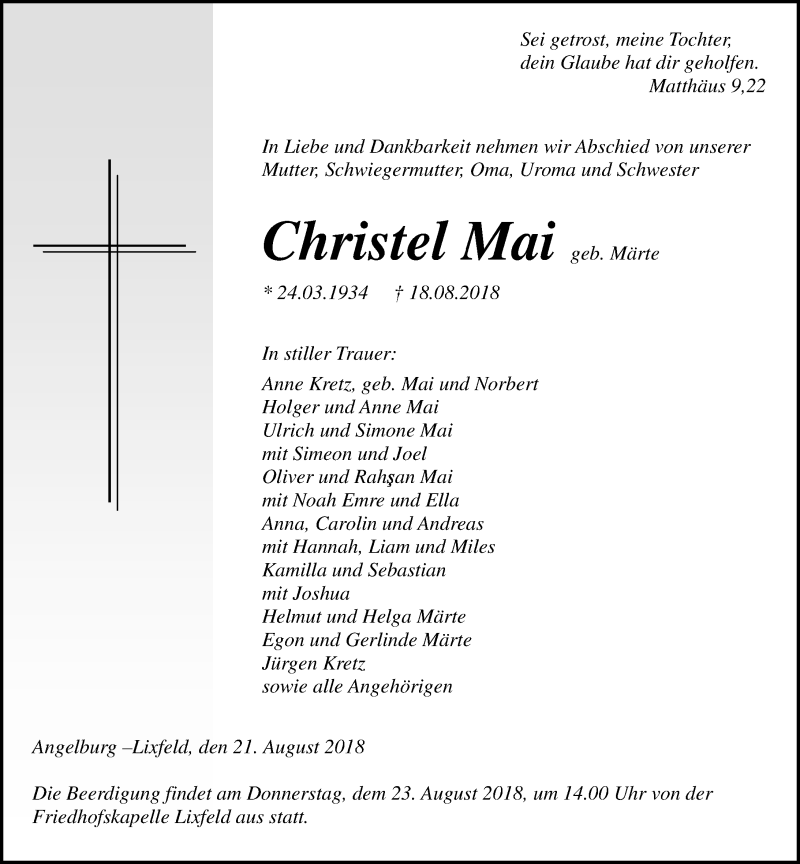  Traueranzeige für Christel Mai vom 21.08.2018 aus Dill-Block