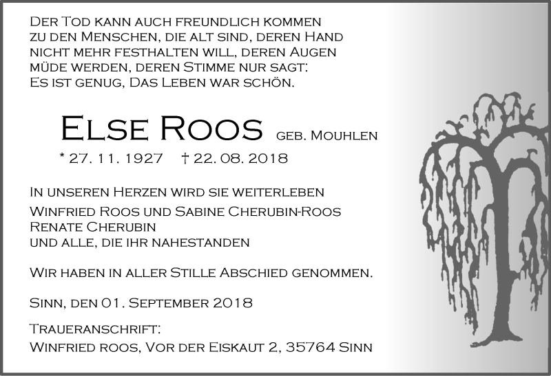  Traueranzeige für Else Roos vom 01.09.2018 aus Dill-Block
