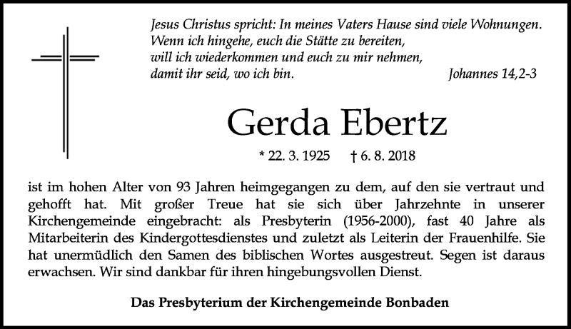  Traueranzeige für Gerda Ebertz vom 25.08.2018 aus Wetzlarer Neue Zeitung