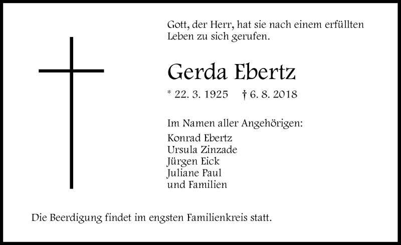  Traueranzeige für Gerda Ebertz vom 11.08.2018 aus Wetzlarer Neue Zeitung